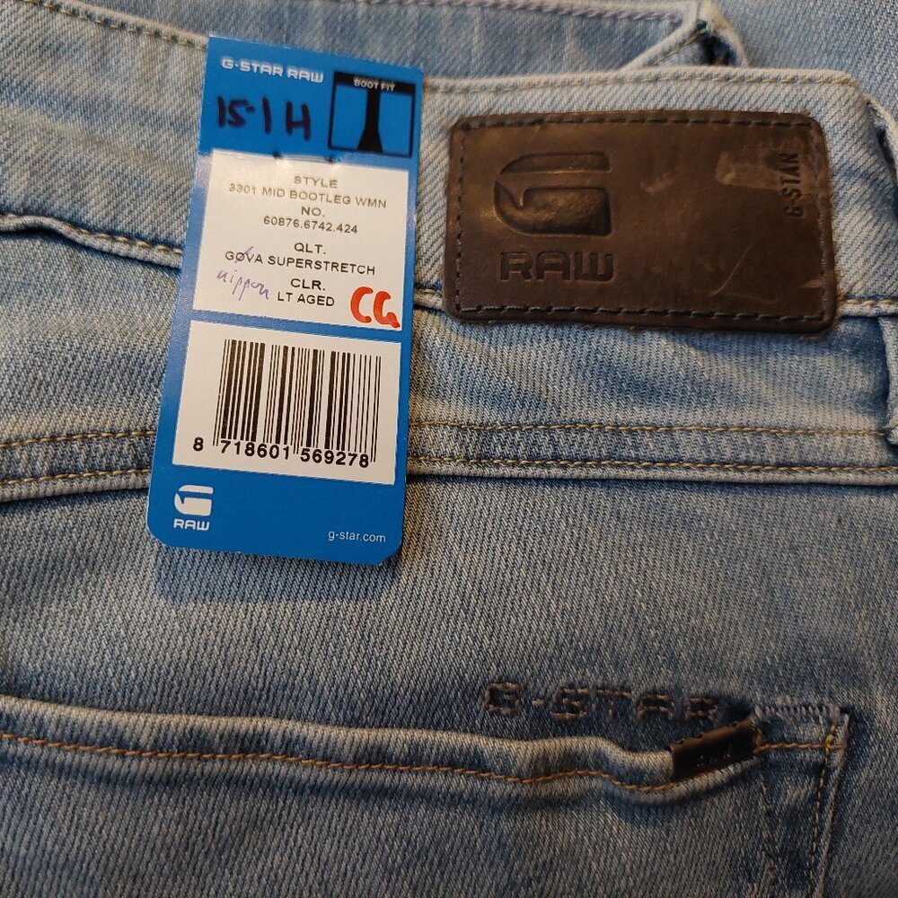 G-Star Raw 3301 Mid Bootleg Gova Super Stretch Light Blue Denim Jeans Sz 27 NWT - Picture 10 of 13